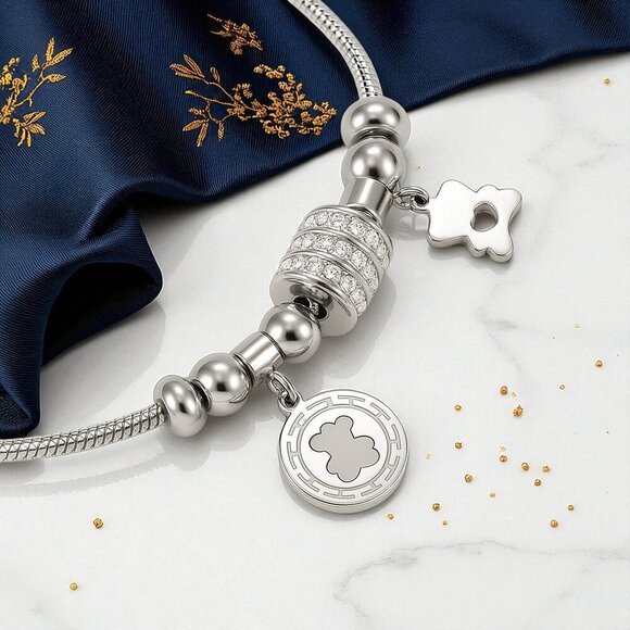 🆕️18K White Gold Plated Bear Charm Bracelet with Rhinestones Beads Trendy Gift - Picture 4 of 12